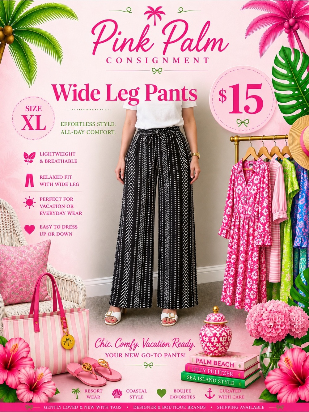 Pink Palm Wide Leg Pants - Black Patterned (Size XL)